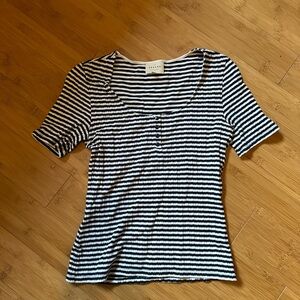 Sézane Malo Striped Henley Tee Navy Ecru Organic Cotton